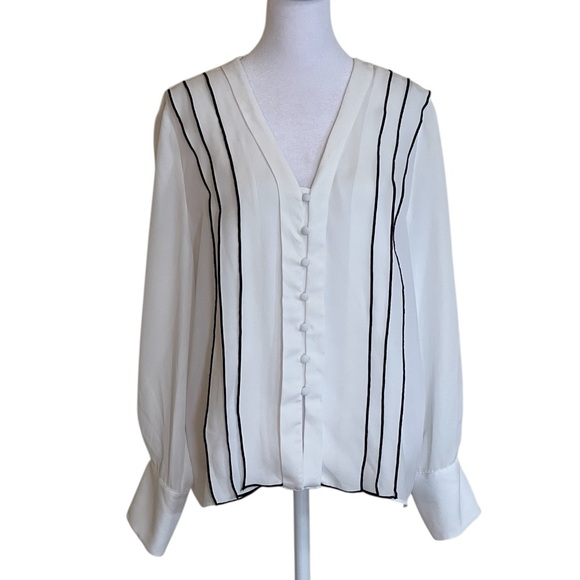 Zara Basic White Semi-Sheer Blouse Sz L Black Detail Ruffles Long Sleeves V Neck - Picture 11 of 12